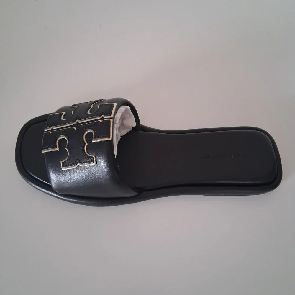 Tory Burch Double T Sport Slide Sandals Perfect Black/Gold Size 5.5